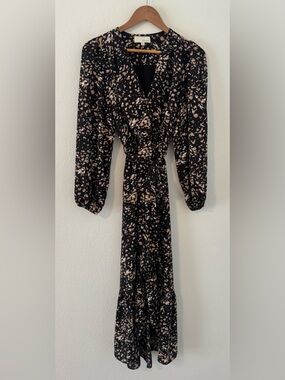 PINCH Black Abstract Print Faux Wrap Dress Tie Waist Front Slit Peasant Sleeve S